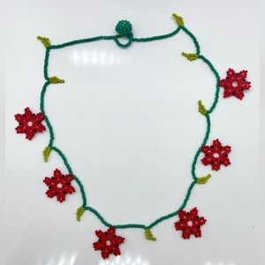 Mexican Handmade by Huicholes Artisan Red Beaded Flower Floral Necklace